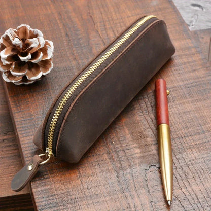 Vintage Leather Pencil Bag – Simple Zipper Pen Case & Stationery Holder Pouch for School Supplies, Glasses & Storage