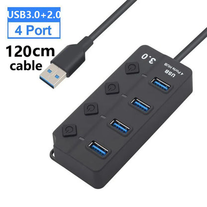 USB 3.0 Hub — 7-Port High-Speed Splitter with Power Adapter, Switch & Long Cable Expander