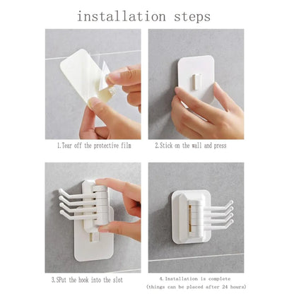 Strong Self-Adhesive Wall 4 Hook Key Holder - No Drilling Needed, Kitchen Towel Hanger Hooks, Home Storage Accessories