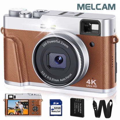 4K Digital Camera – 48MP Auto Focus Vlogging Camera for YouTube, Anti-Shake, Viewfinder, Flash & Dial (Brown)