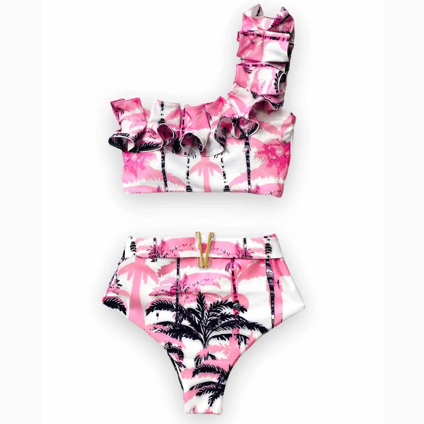 Sporlike V-Neck Ruffled Bikini Set – High Waist Sexy Printed Two-Piece Swimsuit for Women 2025