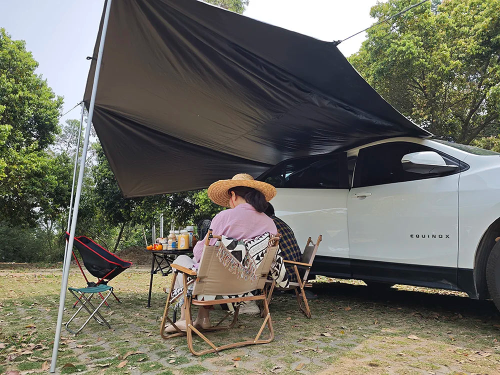 Manta Ray Car Side Awning – Black Coating Tarp with Suction Cup Anchor, Waterproof UV Protection for Outdoor Camping & SUV Shade