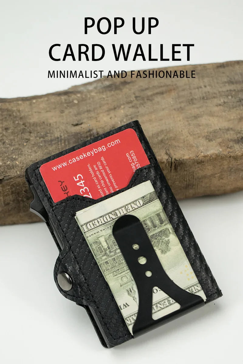 CASEKEY PU Leather Men’s Pop-Up Card Holder Wallet – Slim Minimalist Anti-RFID Smart Wallet with Money Clip & ID Window