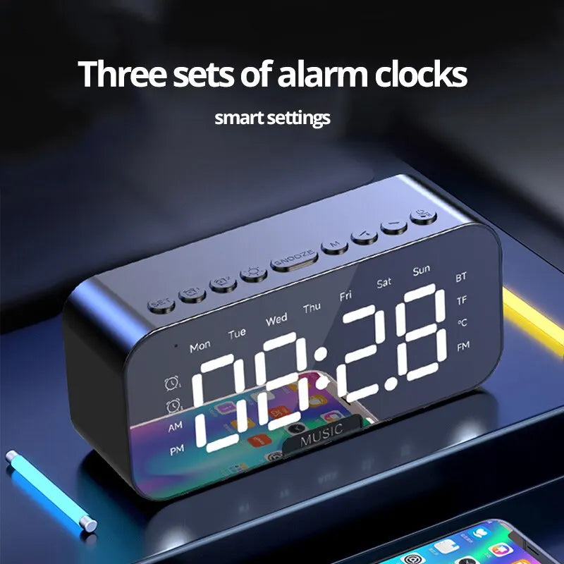 LED Digital Alarm Clock with Bluetooth Speaker - Mirror Screen, Temperature Display, FM Radio, Ideal for Bedroom and Office Decor