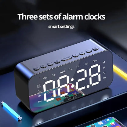 LED Digital Alarm Clock with Bluetooth Speaker - Mirror Screen, Temperature Display, FM Radio, Ideal for Bedroom and Office Decor