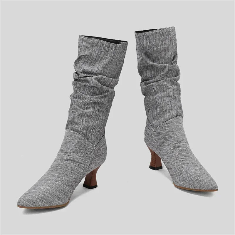 Women’s Winter Pleated Denim Mid-Calf Boots – Pointed Toe Slip-On Slouch Boots with Kitten Heels for Party & Club (Blue, Red, Black)