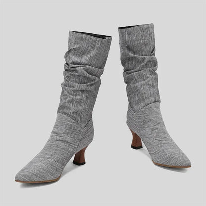 Women’s Winter Pleated Denim Mid-Calf Boots – Pointed Toe Slip-On Slouch Boots with Kitten Heels for Party & Club (Blue, Red, Black)