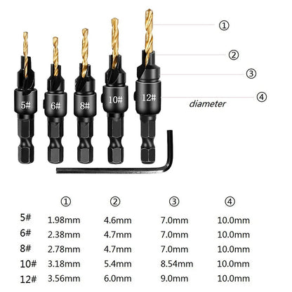 5pcs Countersink Drill Bit Set – Woodworking Pilot Hole Drills for Screw Sizes #5, #6, #8, #10, #12