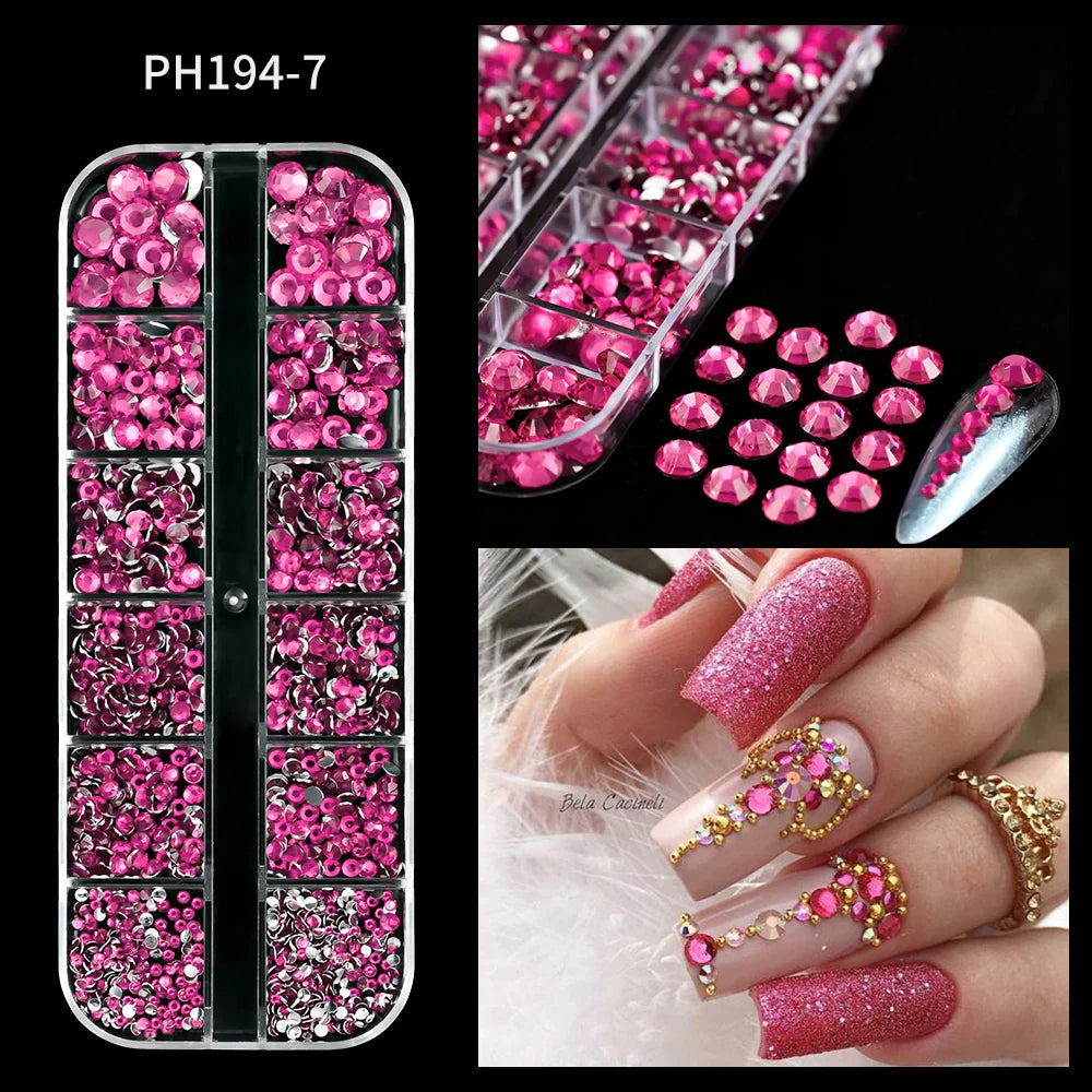 12-Grid 3D Glass AB Crystal Nail Art Rhinestones Kit – Flatback Round Beads with Tools for Nail Jewelry & Diamond Decoration
