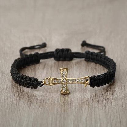 Crystal Cross Pendant Bracelet - Red & Black Braided Prayer Rope Jewelry Gift for Men & Women