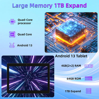 BAKEN 10.1" Android 13 Tablet – 4GB+64GB, Quad-Core, Dual Cameras, WiFi & Bluetooth 2-in-1 Tablet