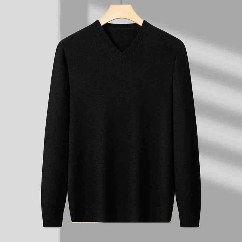 Men's V-Neck Knit Sweater - Solid Color Warm Elastic Oversized Autumn Pullover Casual Top