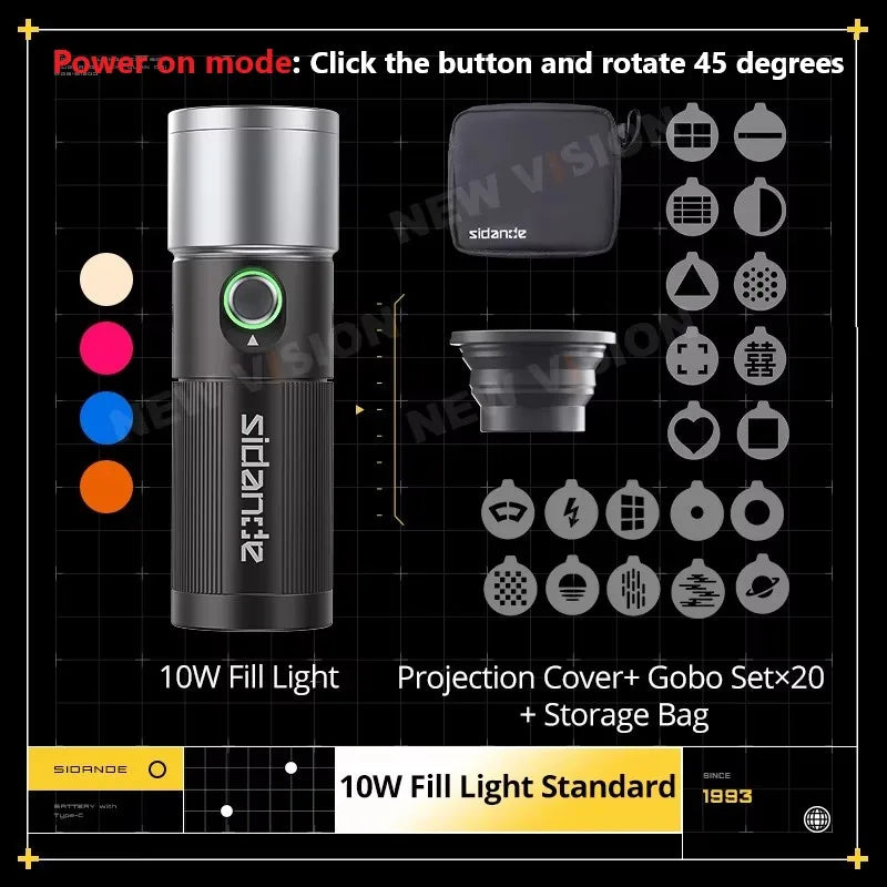 SIDANDE 10W Flashlight with Four Color Projection - 8400mAh Rechargeable Battery, 4 Hours Full-Power Output
