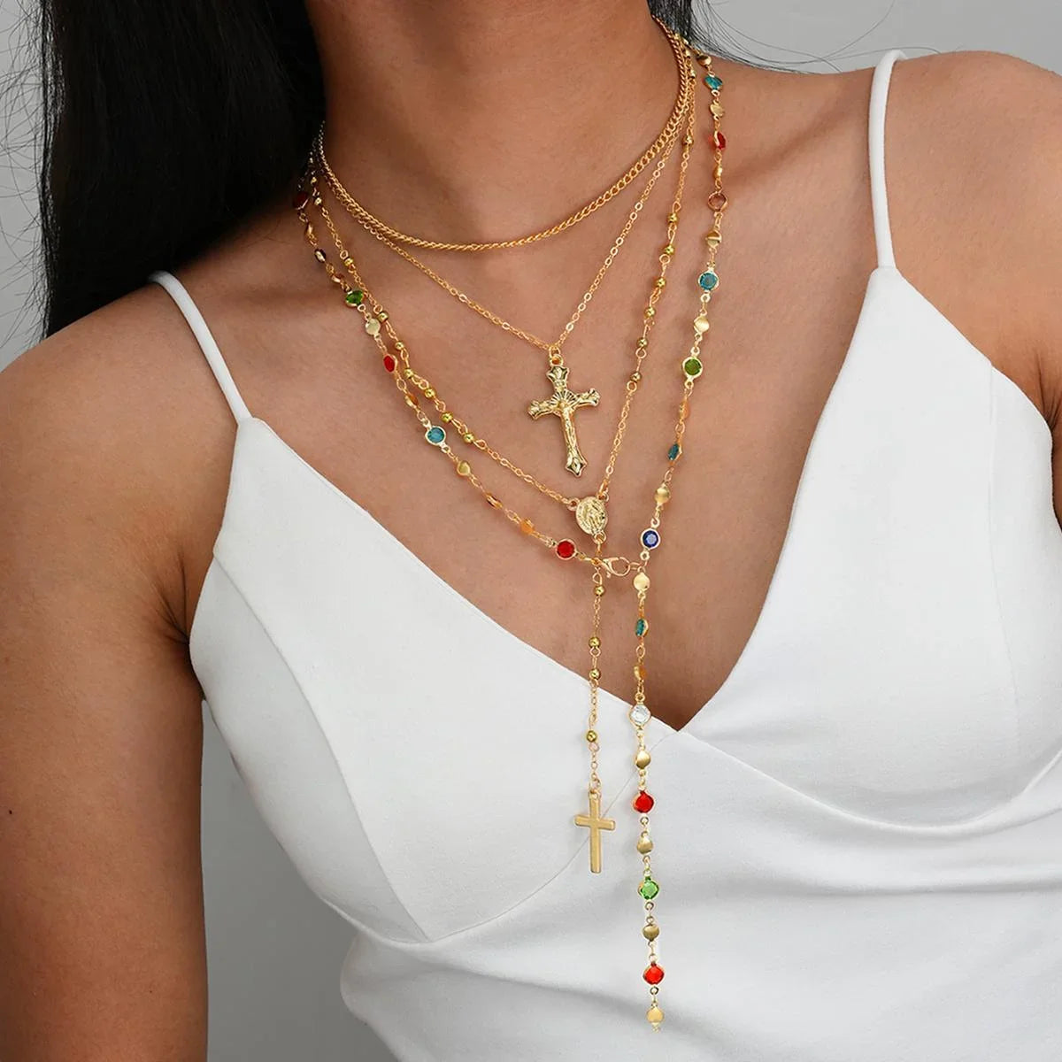 4Pcs Colorful Crystal Necklace Set - Gold & Silver Y-Shaped Pendant Chain Jewelry for Women with Cross Design