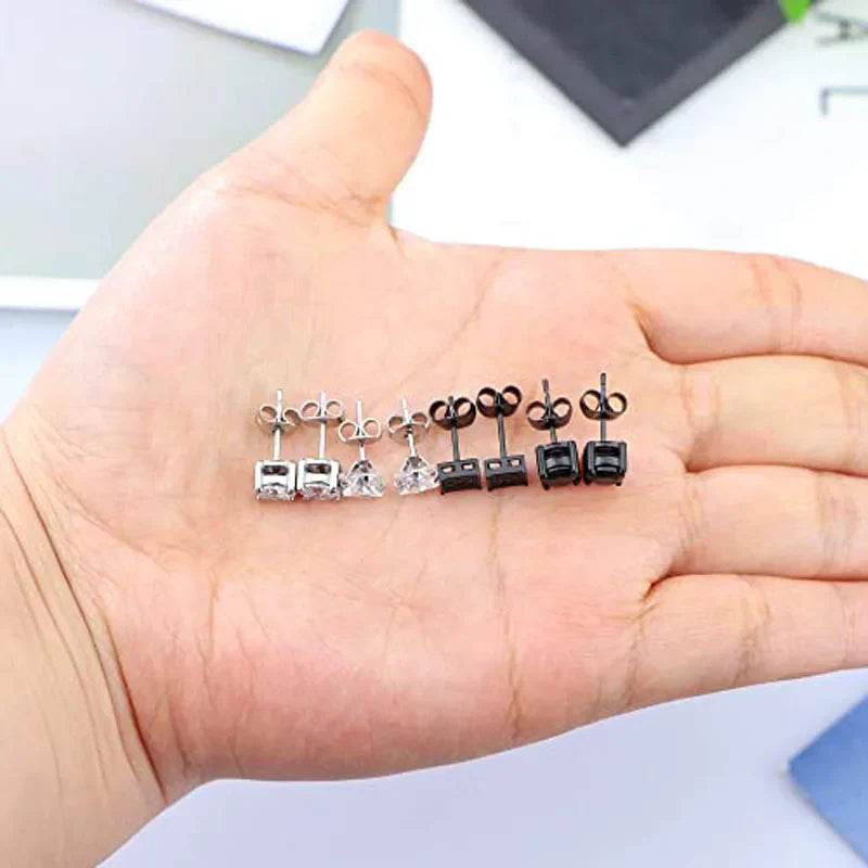 1–8 Pairs Stainless Steel Cubic Zirconia Stud Earrings Set – 6MM Unisex Minimalist Ear Piercing Jewelry for Men & Women