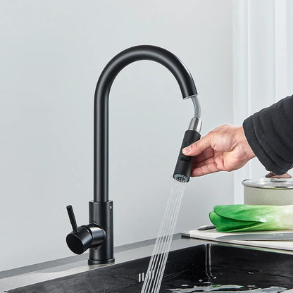 Black Kitchen Faucet - Two-Function Single Handle Pull-Out Mixer Tap with Hot & Cold Water, Deck Mounted