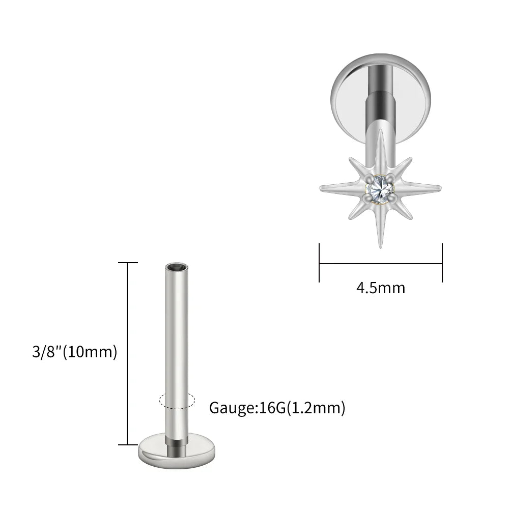 Right Grand ASTM F136 Titanium CZ North Star 16G Flat Back Earring – Tiny Starburst Helix, Cartilage & Earlobe Stud Piercing Jewelry