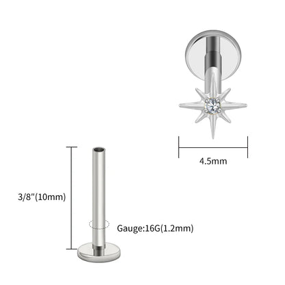 Right Grand ASTM F136 Titanium CZ North Star 16G Flat Back Earring – Tiny Starburst Helix, Cartilage & Earlobe Stud Piercing Jewelry