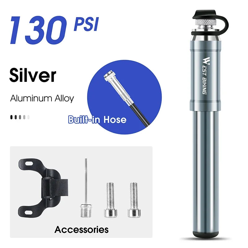 WEST BIKING 130PSI Mini Bike Pump – Portable Aluminum Alloy Hand Air Pump for MTB & Road Cycling, Drop-Proof & Ultralight
