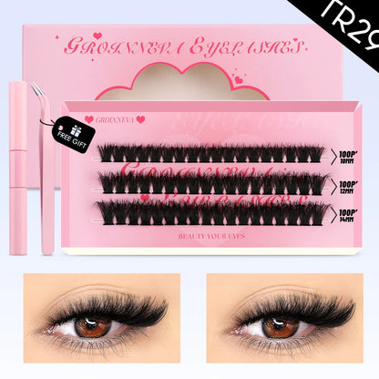 GROINNEYA DIY Mixed Lash Clusters Set – Fluffy Individual Lash Extensions Kit with Bond & Seal for At-Home Makeup