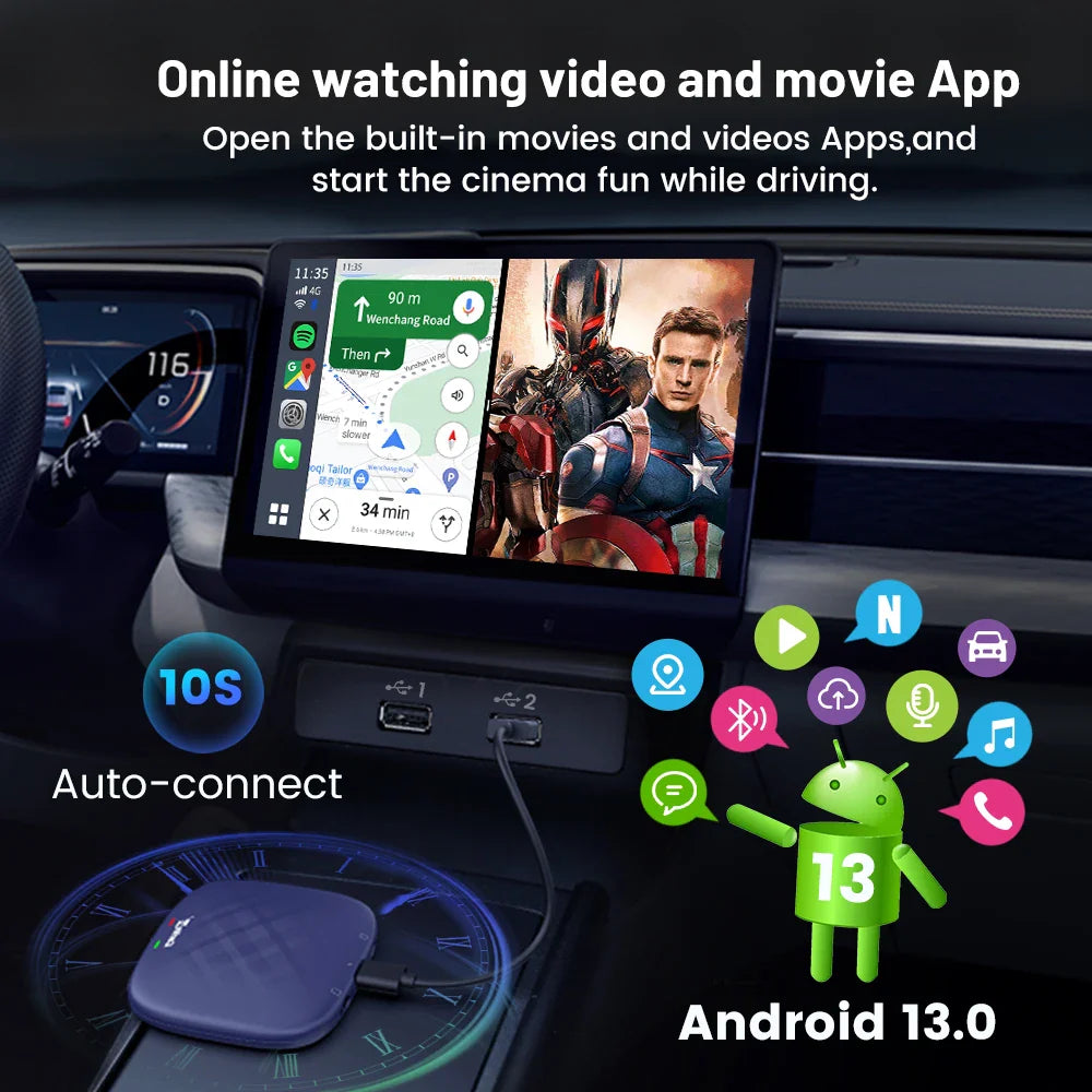 Carlinkit CarPlay AI TV Box Plus — Android 13, 8+128GB, 8-Core QCM6656125, Wireless CarPlay & Android Auto with YouTube, Netflix, 4G LTE