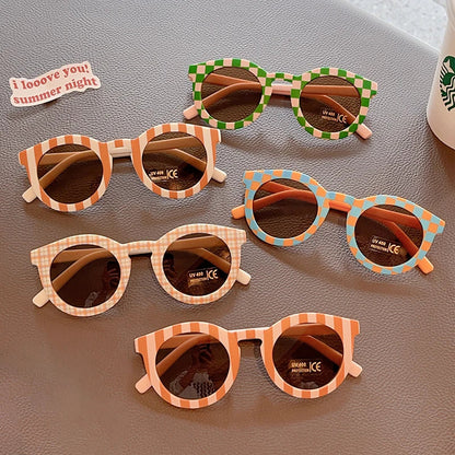 2023 Kids Checker Panel Round Sunglasses – Cute UV400 Sun Protection for Baby Girls & Children Outdoor Wear