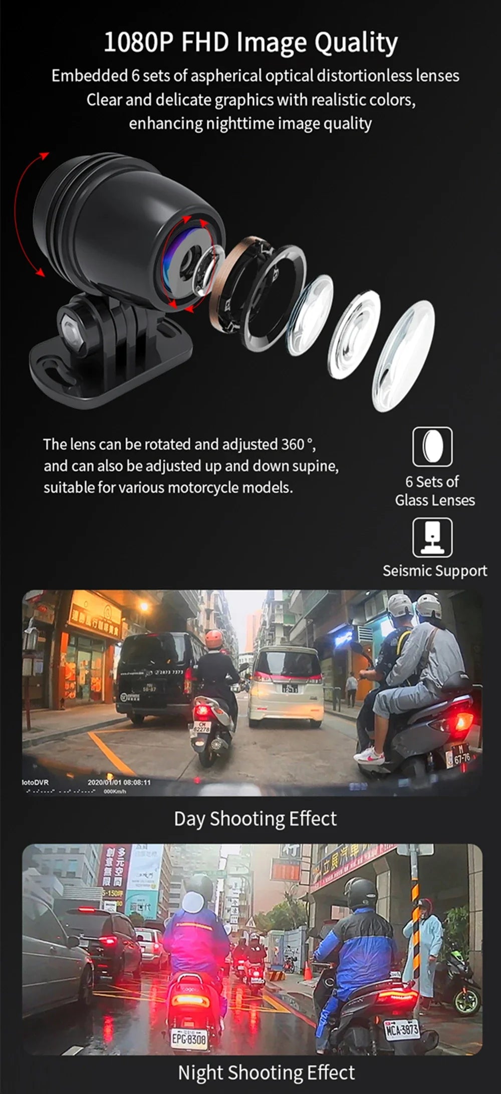 Dual 1080P Motorcycle DVR - Full Body Waterproof Camera with WiFi, GPS, Front and Rear Dash Cam Video Recorder Black Box