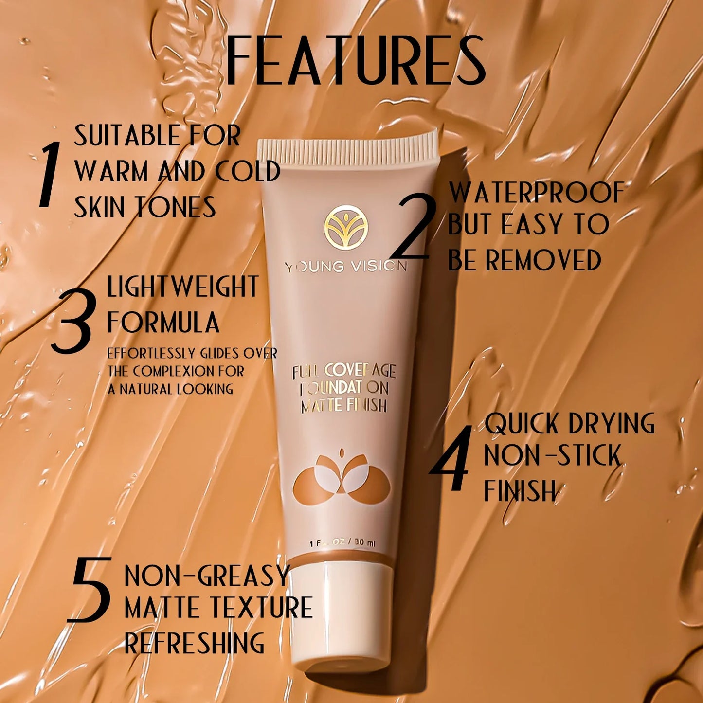 30ml Matte Liquid Foundation Cream – Long-Wear, Oil-Control, Full Coverage Waterproof Concealer for Wheat Tone Makeup