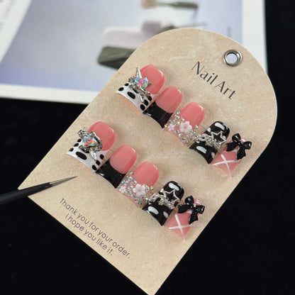 10-Piece 3D Bow & Glitter Press-On Nails - Sweet Girl Handmade Nail Set