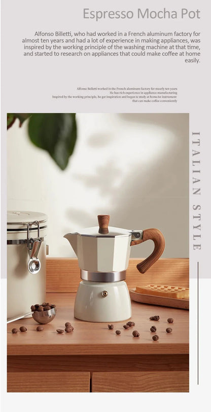 Vintage Wooden Handle Moka Pot – Classic Italian Espresso Maker 150ml/300ml for Home & Cafe Use