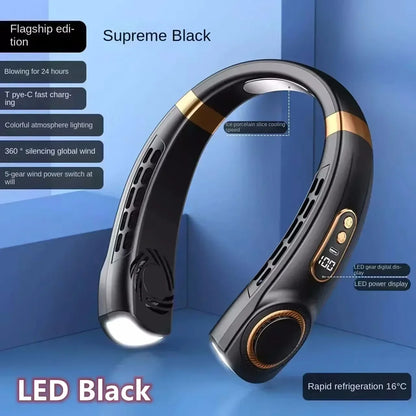 8000mAh USB Neck Fan - Portable Bladeless Rechargeable Cooling Fan with LED Display for Outdoor & Handheld Use