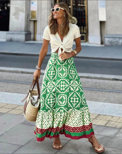 Women’s Boho Printed Midi Swing Skirt – Elastic Waist Spliced A-Line Beach & Casual Daily Wear Skirt