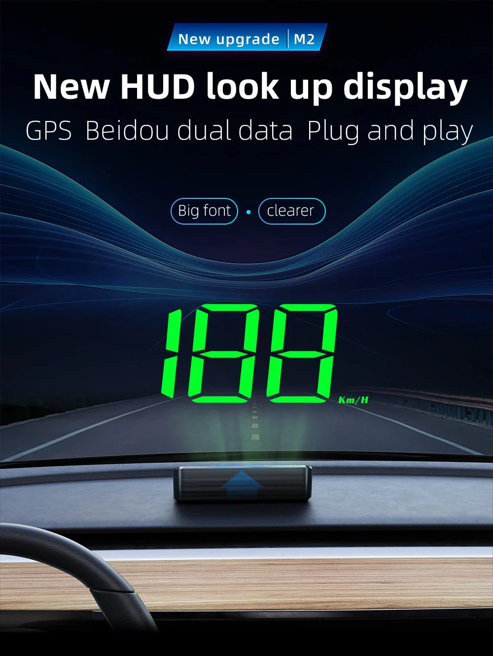 M2 Head-Up Display Digital Speedometer GPS HUD – Plug & Play Windshield Projector with Large KMH Font for All Cars
