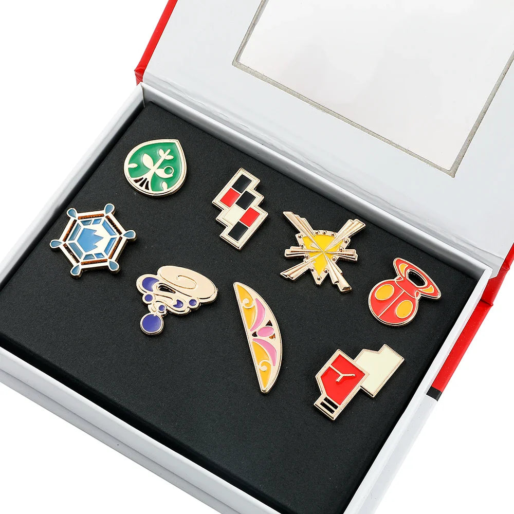 Pokemon Gym Badges Pin Set — Kanto, Johto, Hoenn, Sinnoh, Unova, Kalos & Orange Islands League Brooches with Box, Pocket Monster Collection
