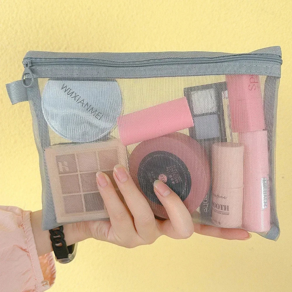 1/3PCS Black Mesh Clear Cosmetic Bag Set Portable Travel Makeup Toiletry Organizer Pouch Storage Case
