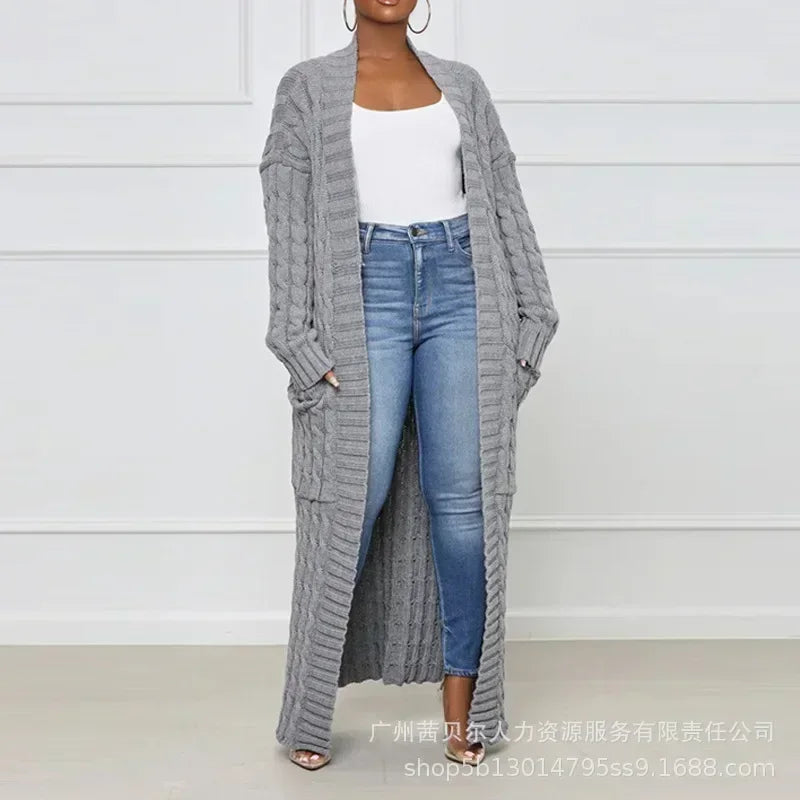 Open Front Cable Knit Longline Cardigan for Women – Long Sleeve, Loose Fit, Casual Fashion Knitwear, Solid Color