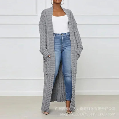 Open Front Cable Knit Longline Cardigan for Women – Long Sleeve, Loose Fit, Casual Fashion Knitwear, Solid Color