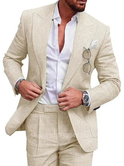 Men’s Linen Wedding Suit — Light Blue/Beige Casual Slim Fit Blazer & Pants, High-Quality Summer Two-Piece Set