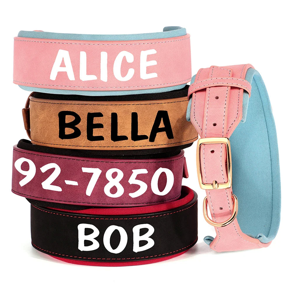 Wide Personalized PU Leather Dog Collar – Custom Tag Soft Pet Collar for Small, Medium & Large Dogs, Pitbulls & Bulldogs