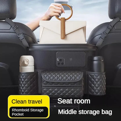 Car Seat Middle Hanger Storage Bag – Luxury Auto Handbag Holder, Tissue Pockets, and Seat Organization Bag