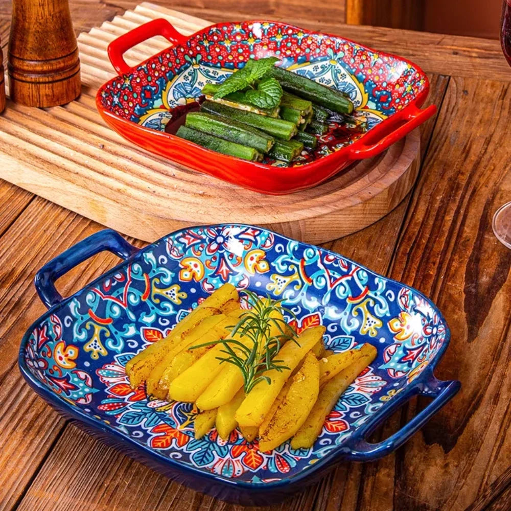 9-Inch Bohemian Style Ceramic Salad Plate with Double Ears — Oven & Microwave Safe Pasta Dish
