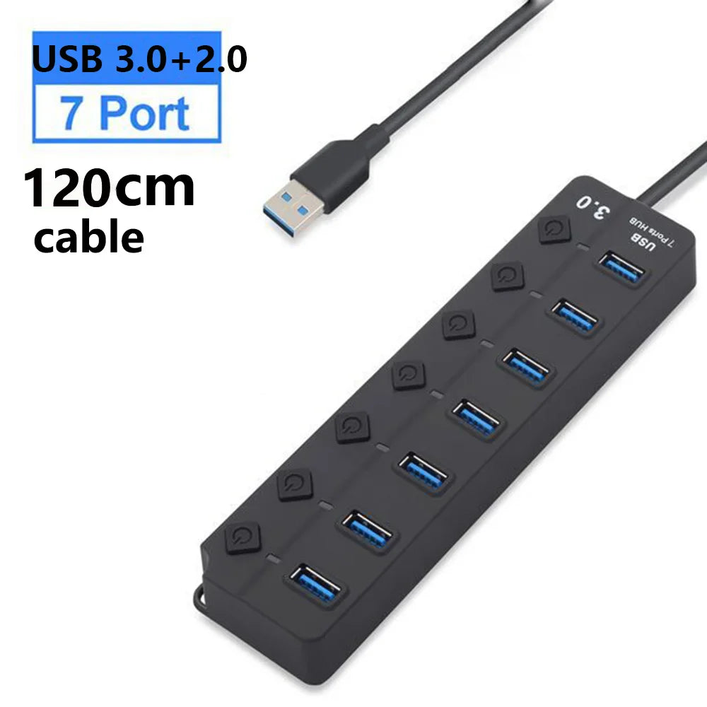 USB 3.0 Hub — 7-Port High-Speed Splitter with Power Adapter, Switch & Long Cable Expander