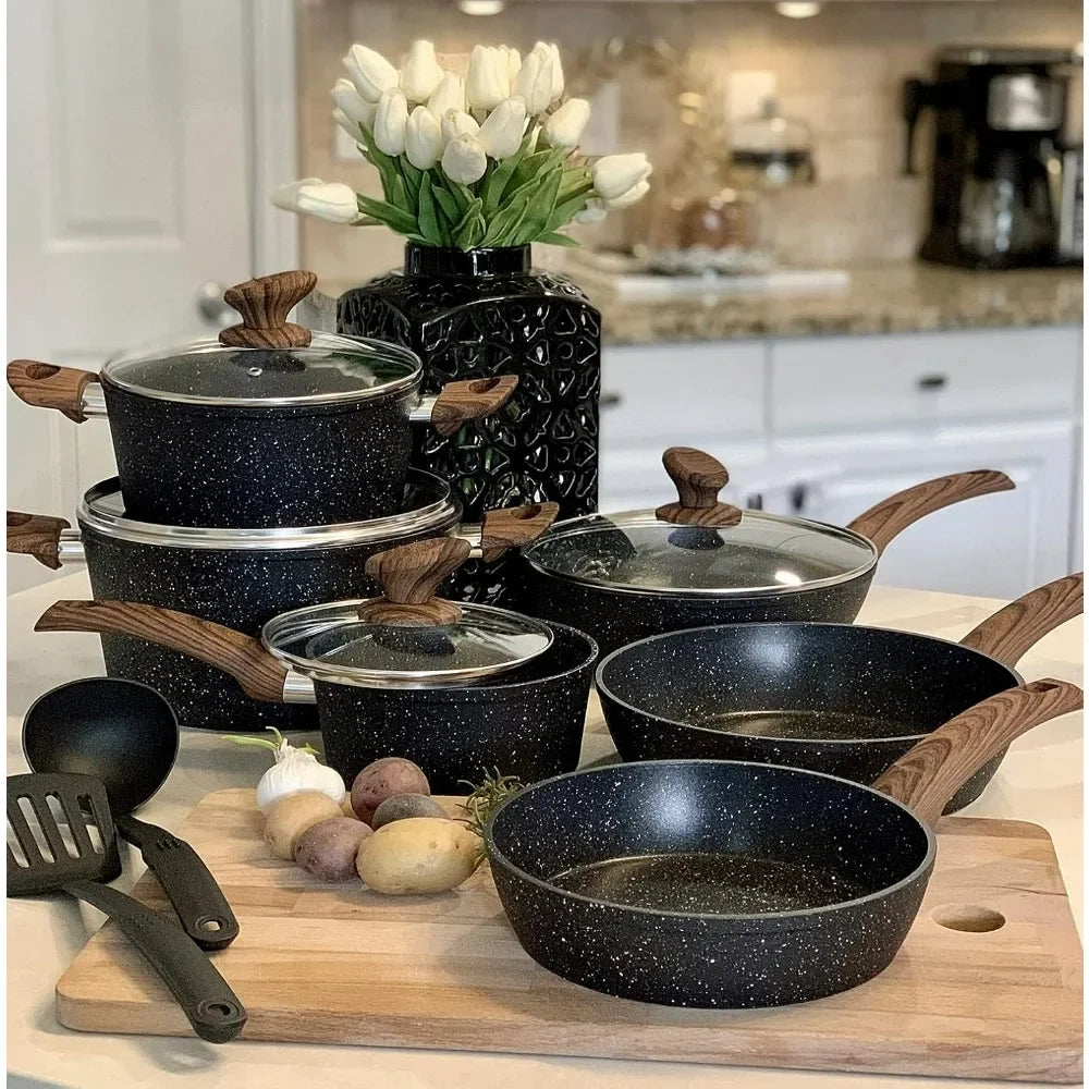 12 Piece Granite Black Nonstick Cookware Set - Induction Ready Pots and Pans