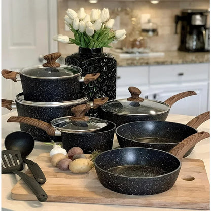 12 Piece Granite Black Nonstick Cookware Set - Induction Ready Pots and Pans