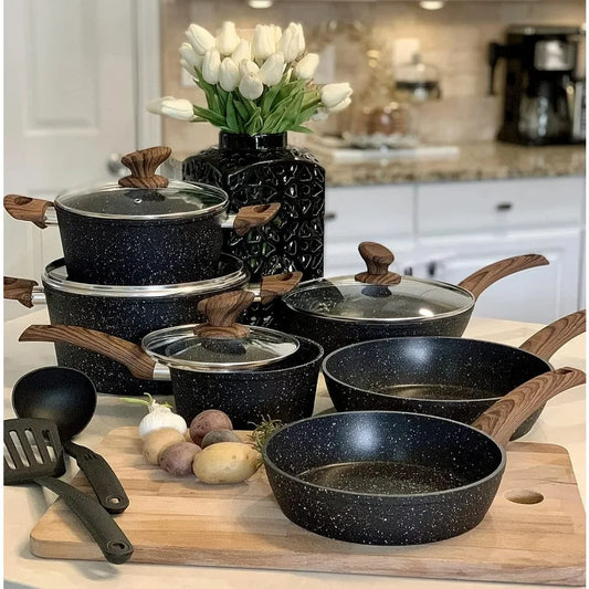 12 Piece Granite Black Nonstick Cookware Set - Induction Ready Pots and Pans