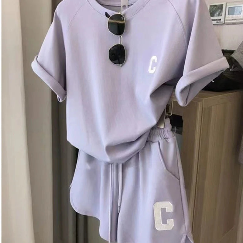 Women’s Two-Piece Sports Tracksuit – C Letter Print Short Sleeve T-Shirt with Drawstring Shorts, Exercise & Casual Wear