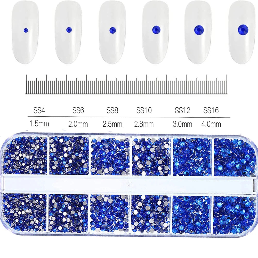 12-Grid 3D Glass AB Crystal Nail Art Rhinestones Kit – Flatback Round Beads with Tools for Nail Jewelry & Diamond Decoration