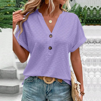 2023 Women's Jacquard V-Neck Blouse – Casual Button-Up, Loose Fit Short Sleeve Oversized Summer Shirt