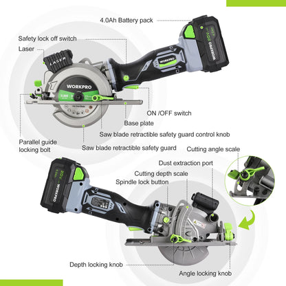 WORKPRO 20V Cordless Circular Saw with 115mm Blade – 710W Electric Power Tool for Wood & Tile Cutting (Laser & No Laser Options)