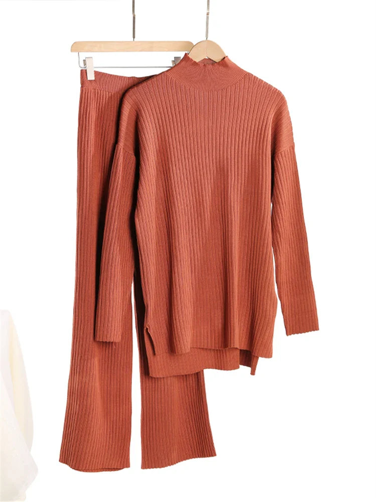 Women’s 2-Piece Autumn & Winter Knitted Tracksuit – Turtleneck Sweater with Straight Jogging Pants Set